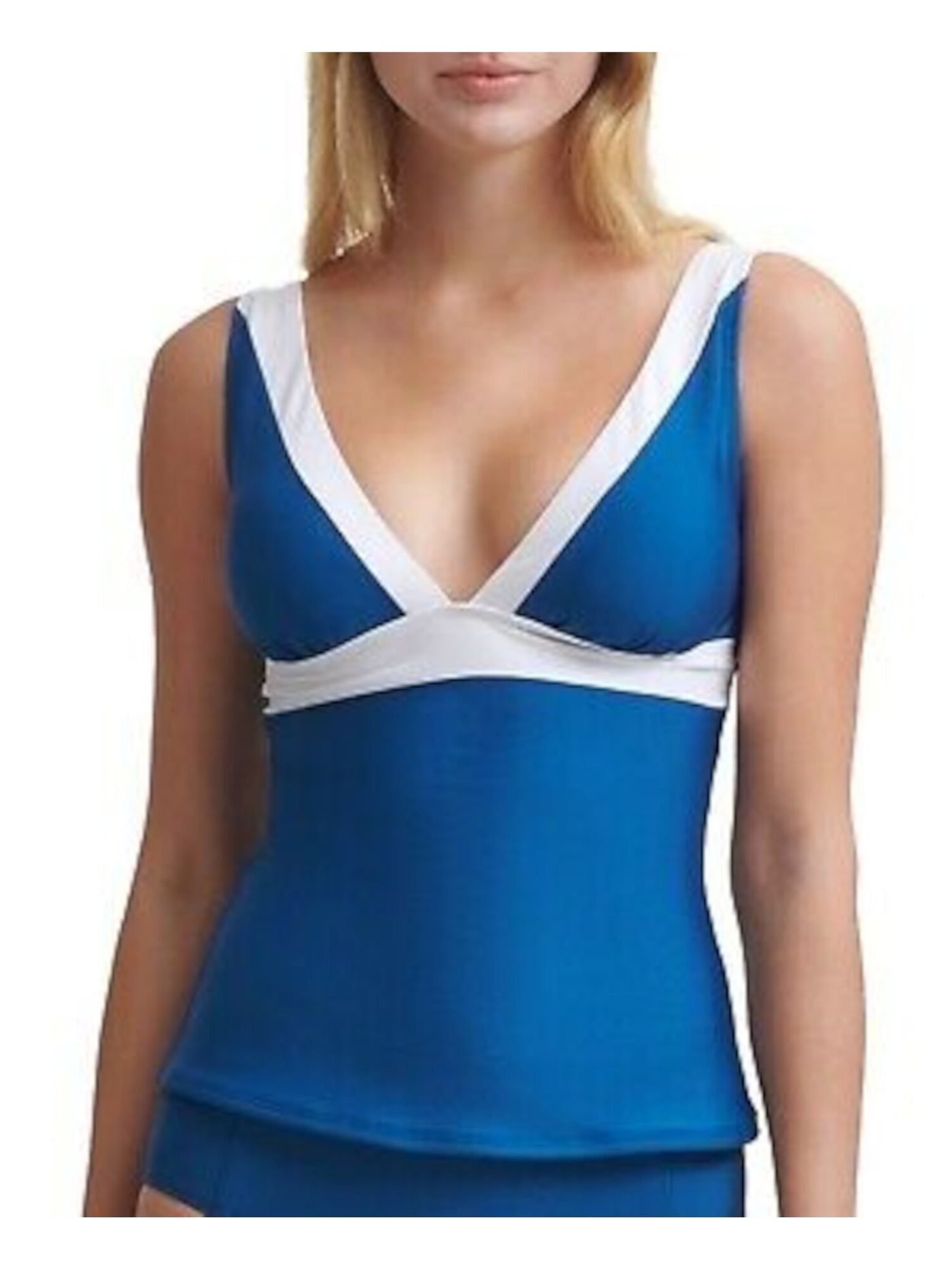 DKNY Women's Blue Color Block Removable Soft Cups Deep V Neck Adjustable Tankini Swimsuit Top XS