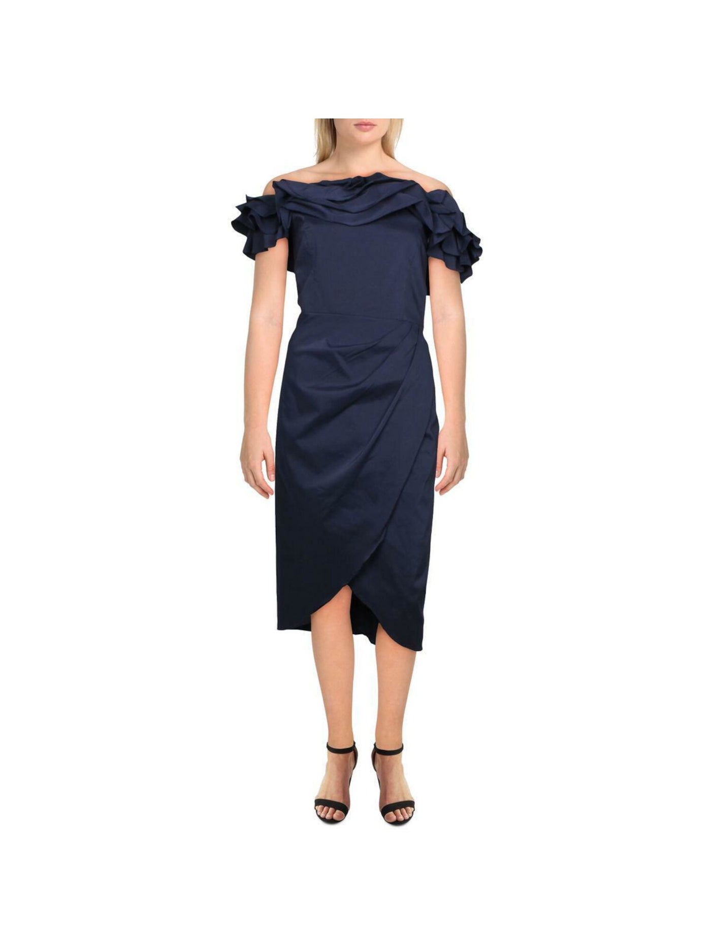 AIDAN MATTOX Womens Navy Ruffled Zippered Gathered Short Sleeve Off Shoulder Midi Formal Tulip Dress 2