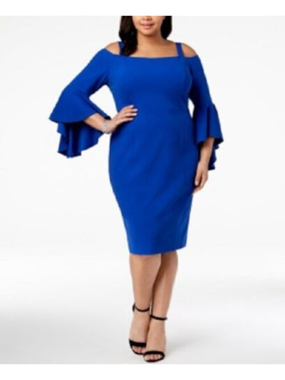 R&M RICHARDS WOMAN Womens Blue Bell Sleeve Off Shoulder Below The Knee Party Sheath Dress Plus 14W