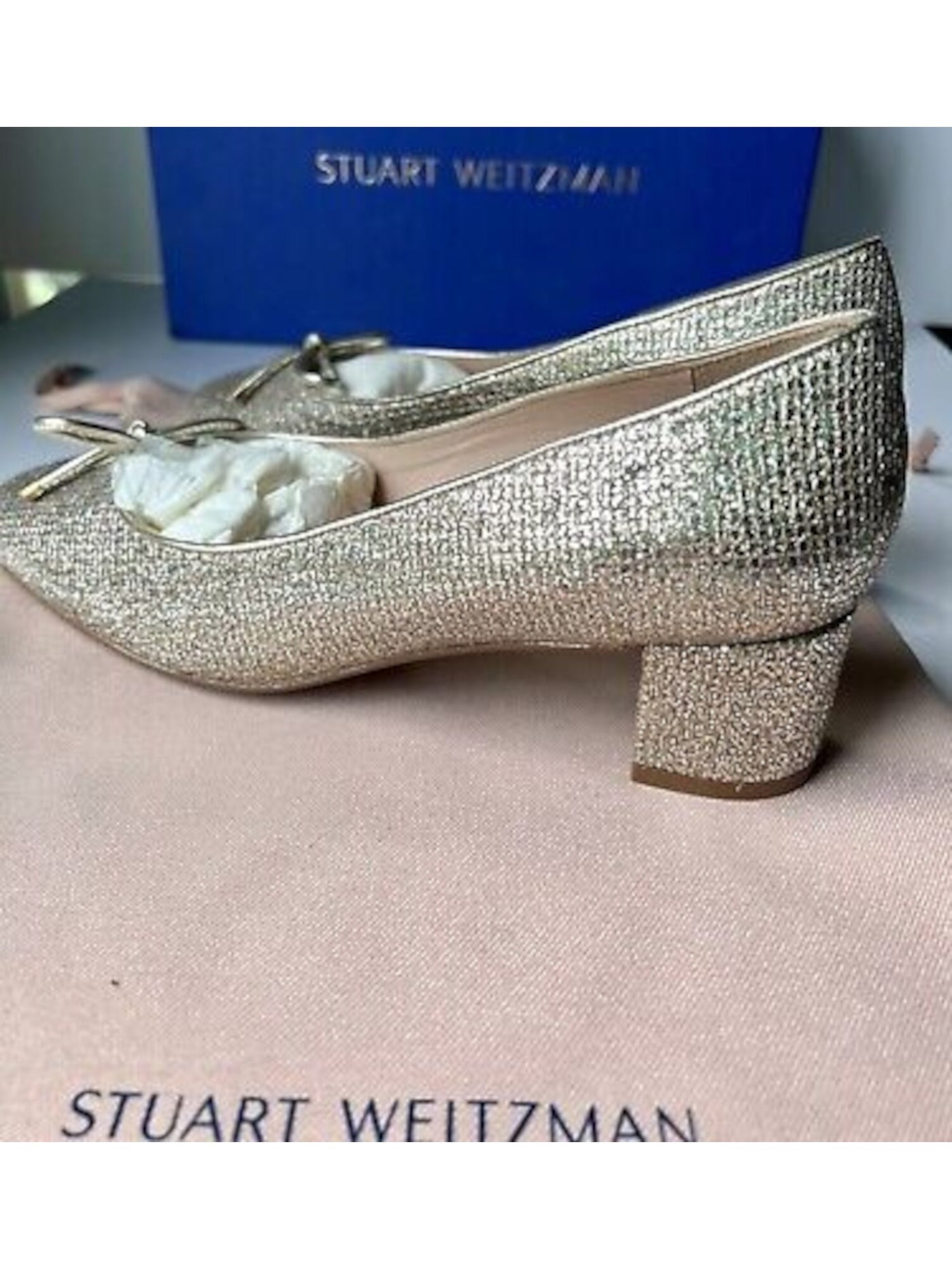 STUART WEITZMAN Womens Beige Glitter Bow Accent Padded Gabby Round Toe Block Heel Slip On Dress Pumps Shoes 6