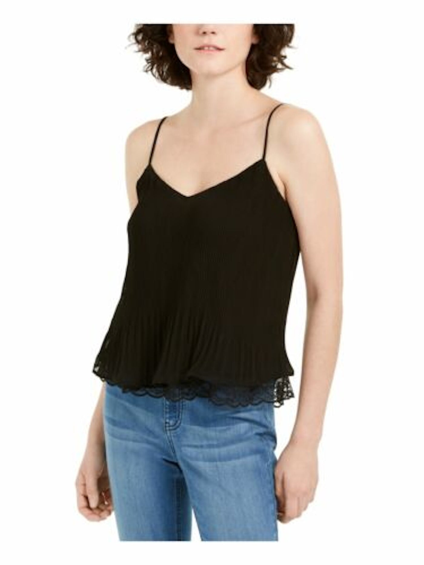 Q+A Los Angeles Womens Black Sheer Ruffled Spaghetti Strap V Neck Tank Top S