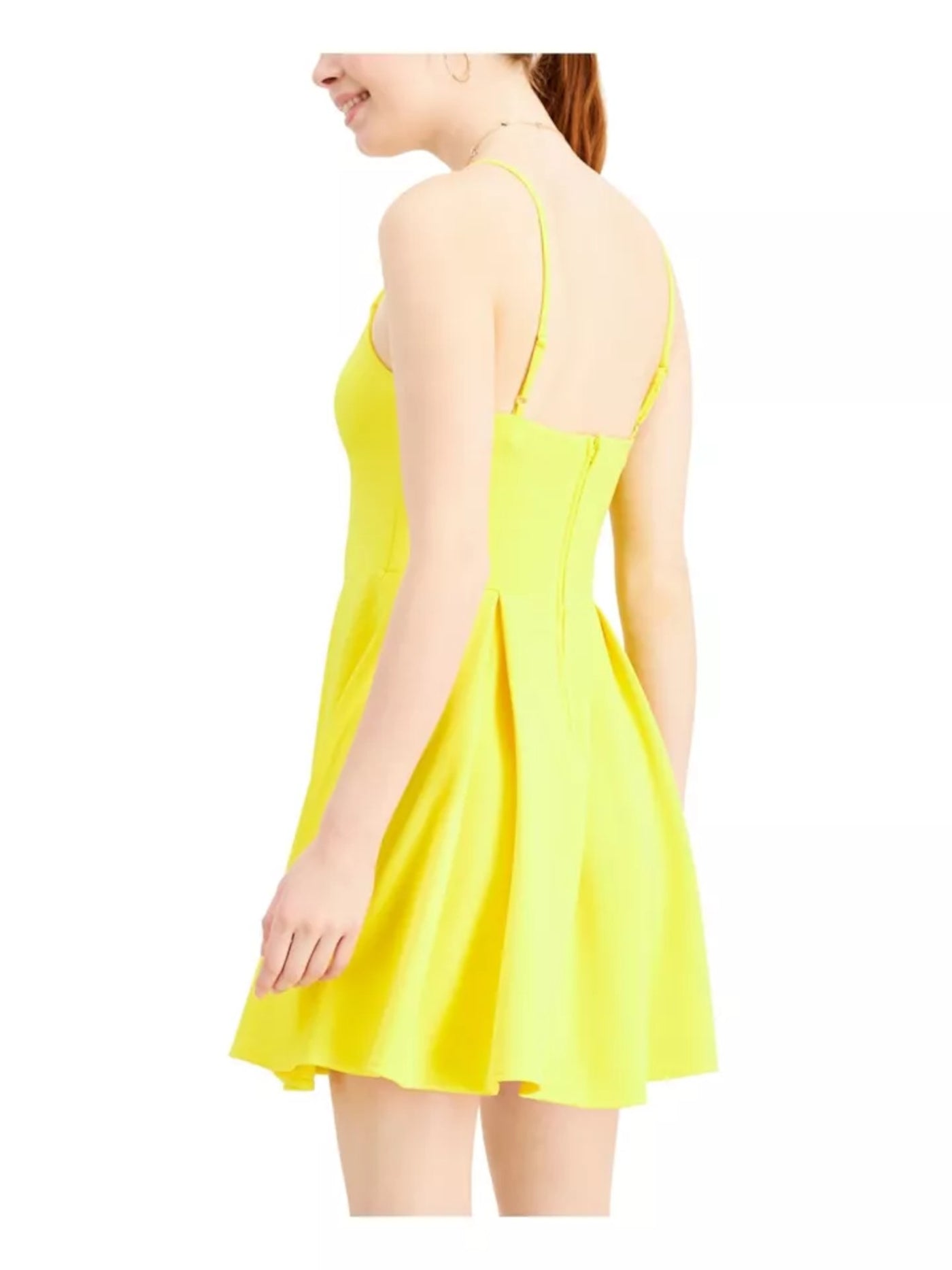 B DARLIN Womens Yellow Stretch Pleated Spaghetti Strap V Neck Short Party Fit + Flare Dress Juniors 3\4