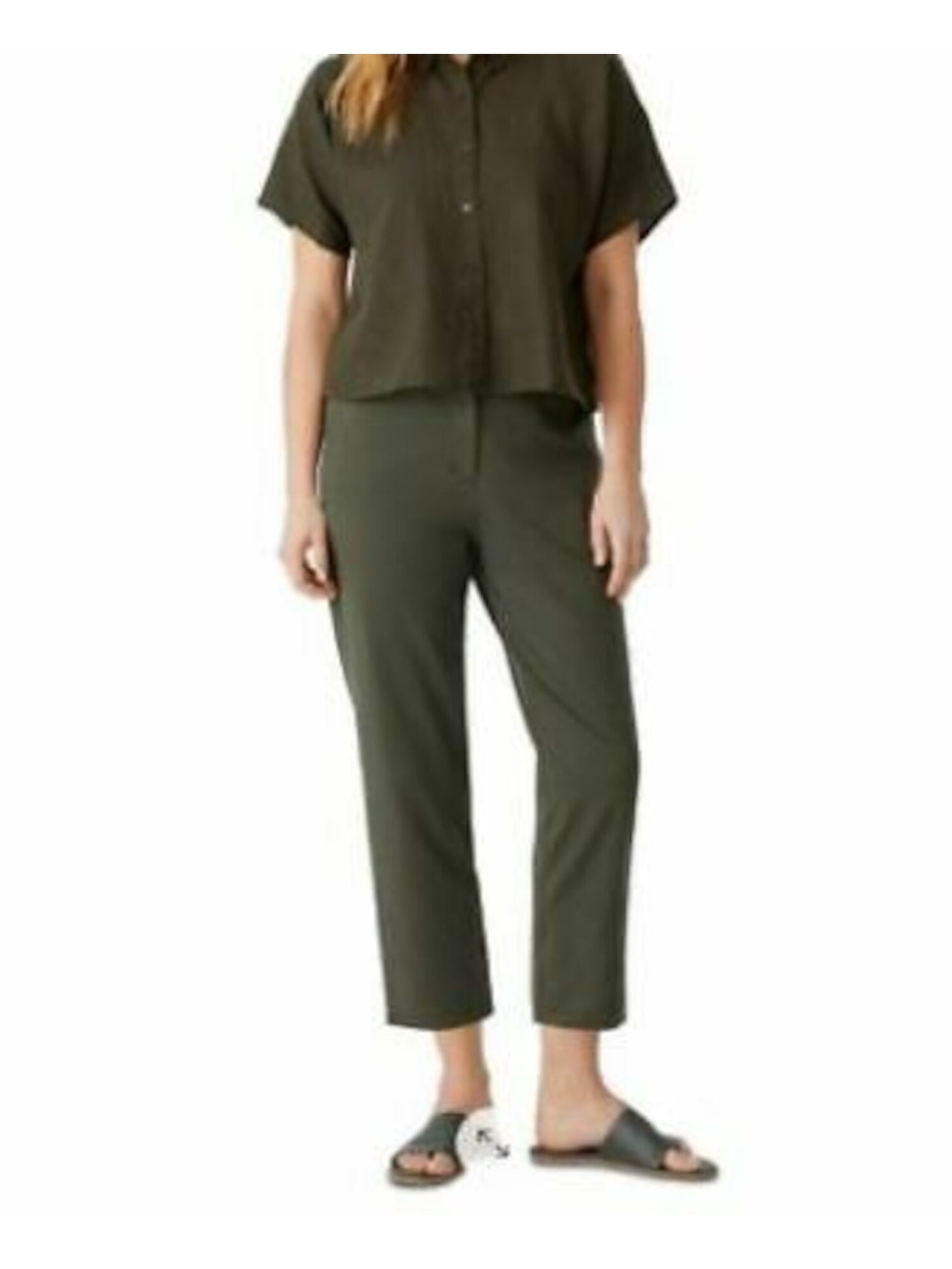 EILEEN FISHER Womens Green Pocketed Zippered Tapered Darted Elastic Back Capri Pants Petites PS