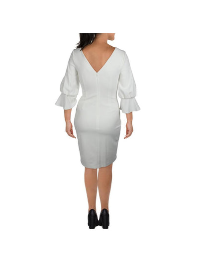 CALVIN KLEIN Womens White Zippered Lined V-back Bell Sleeve Round Neck Above The Knee Cocktail Sheath Dress 4