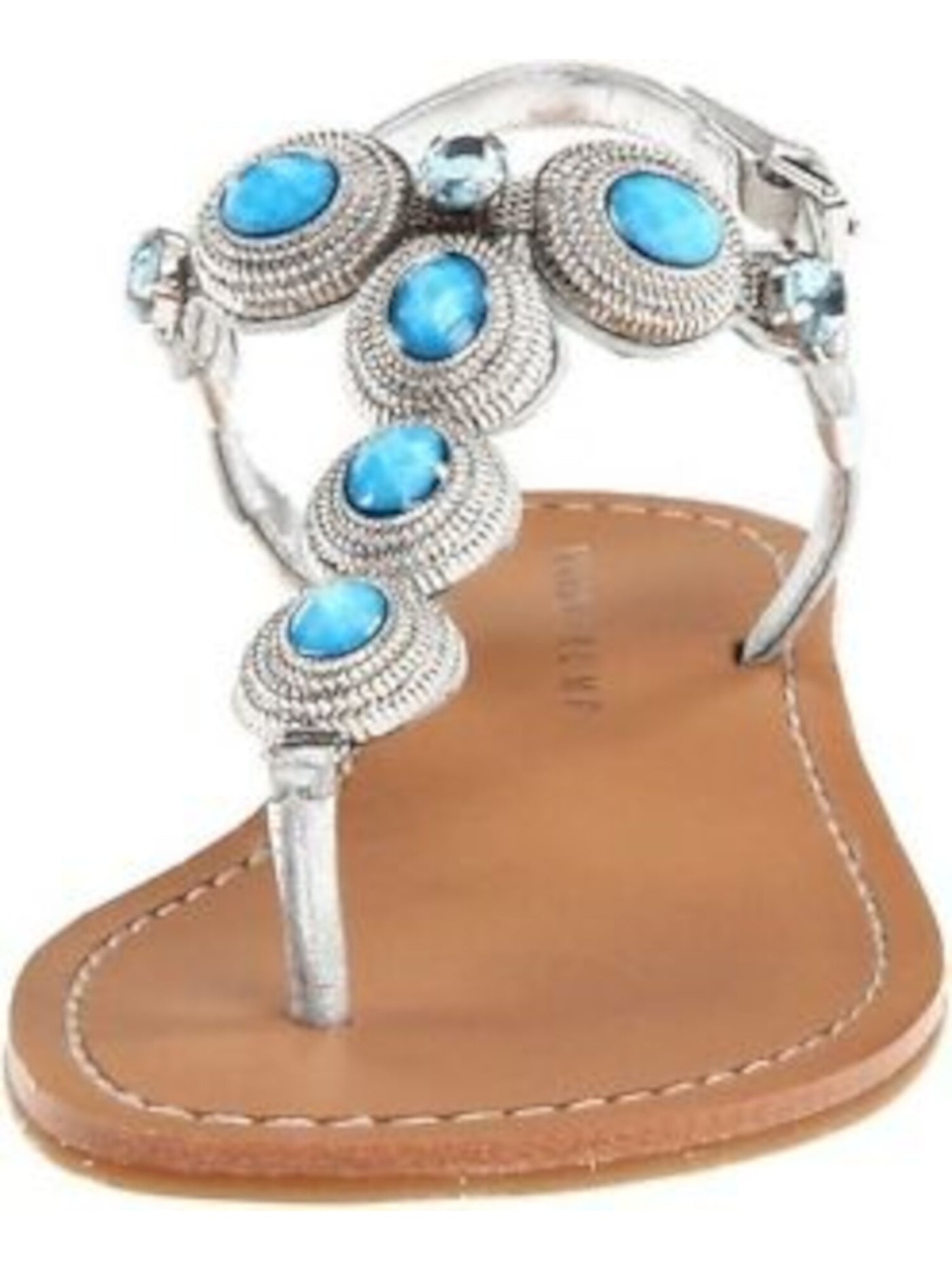 IVANKA TRUMP Womens Light Blue Silver Mixed Media Embellished Pepe Round Toe Buckle Leather Thong Sandals Shoes 5.5 B