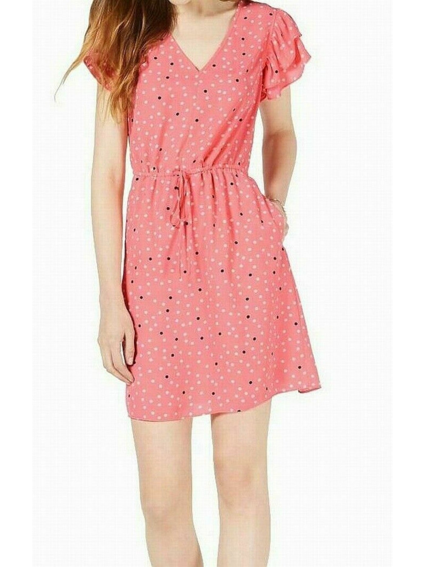 MAISON JULES Womens Pink Polka Dot Short Sleeve V Neck Mini Sheath Dress XXS