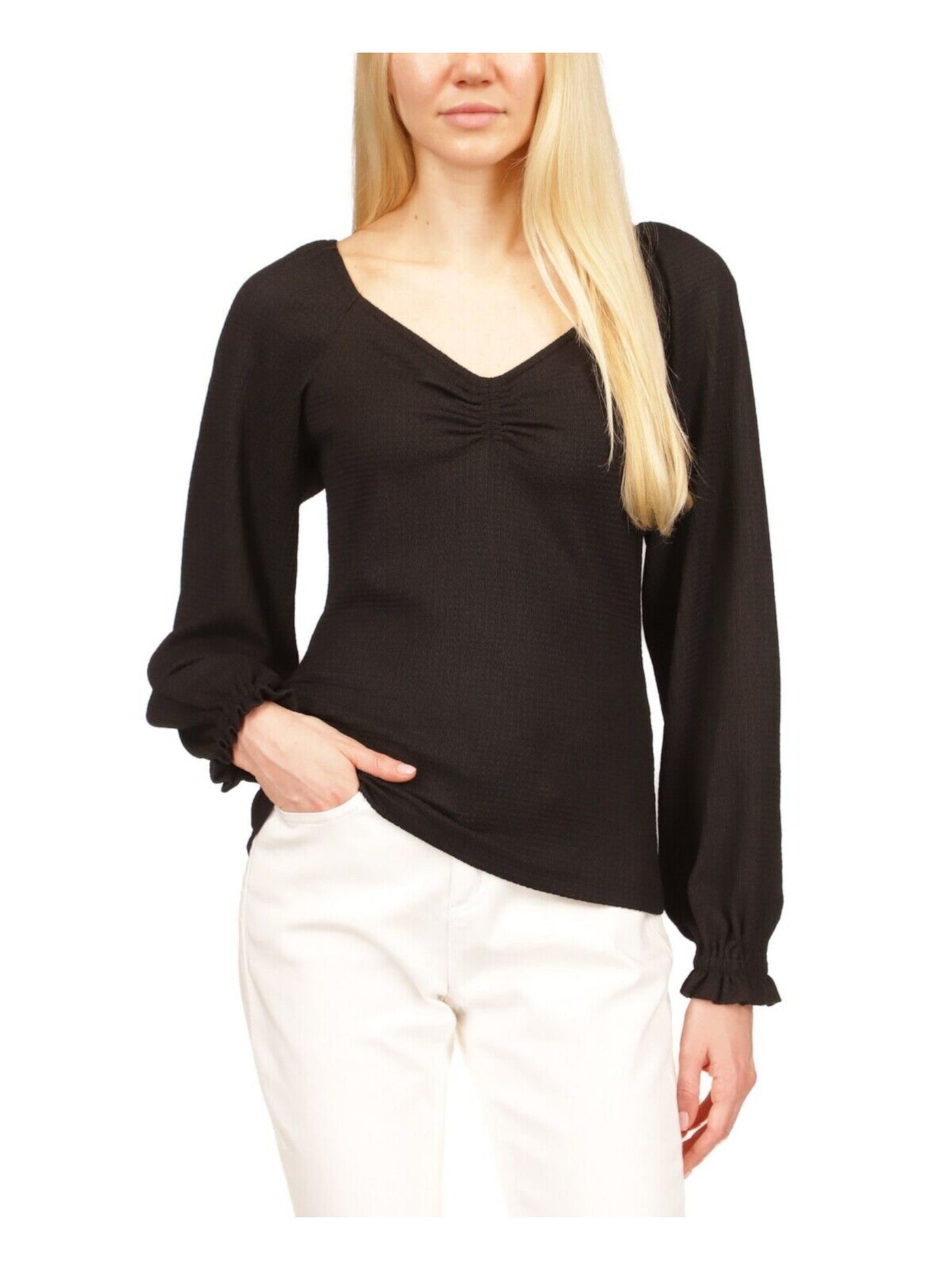 MICHAEL MICHAEL KORS Womens Black Textured Ruched Elastic Cuffs Long Sleeve V Neck Top Petites P\XS