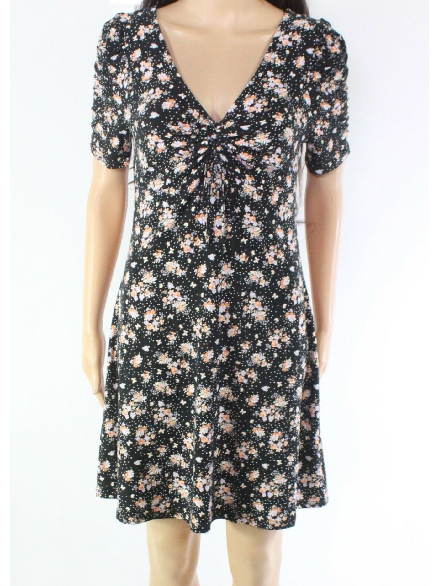 ULTRA FLIRT Womens Black Ruched Tie Pullover Styling Floral Short Sleeve V Neck Short Fit + Flare Dress XS