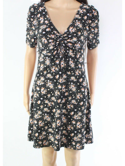 ULTRA FLIRT Womens Black Ruched Tie Pullover Styling Floral Short Sleeve V Neck Short Fit + Flare Dress XS
