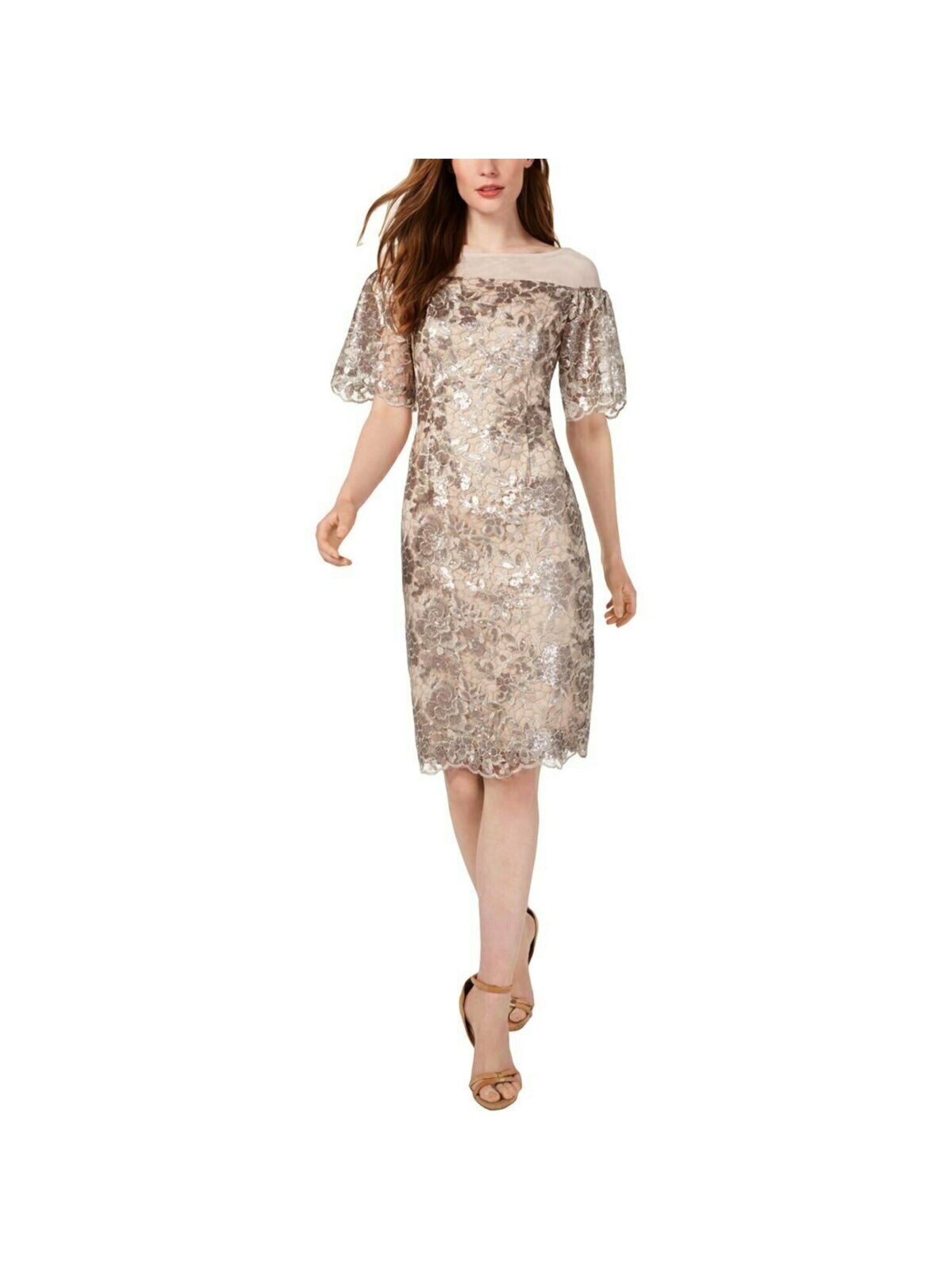 CALVIN KLEIN Womens Sequined Lace Bell Sleeve Jewel Neck Knee Length Evening Sheath Dress