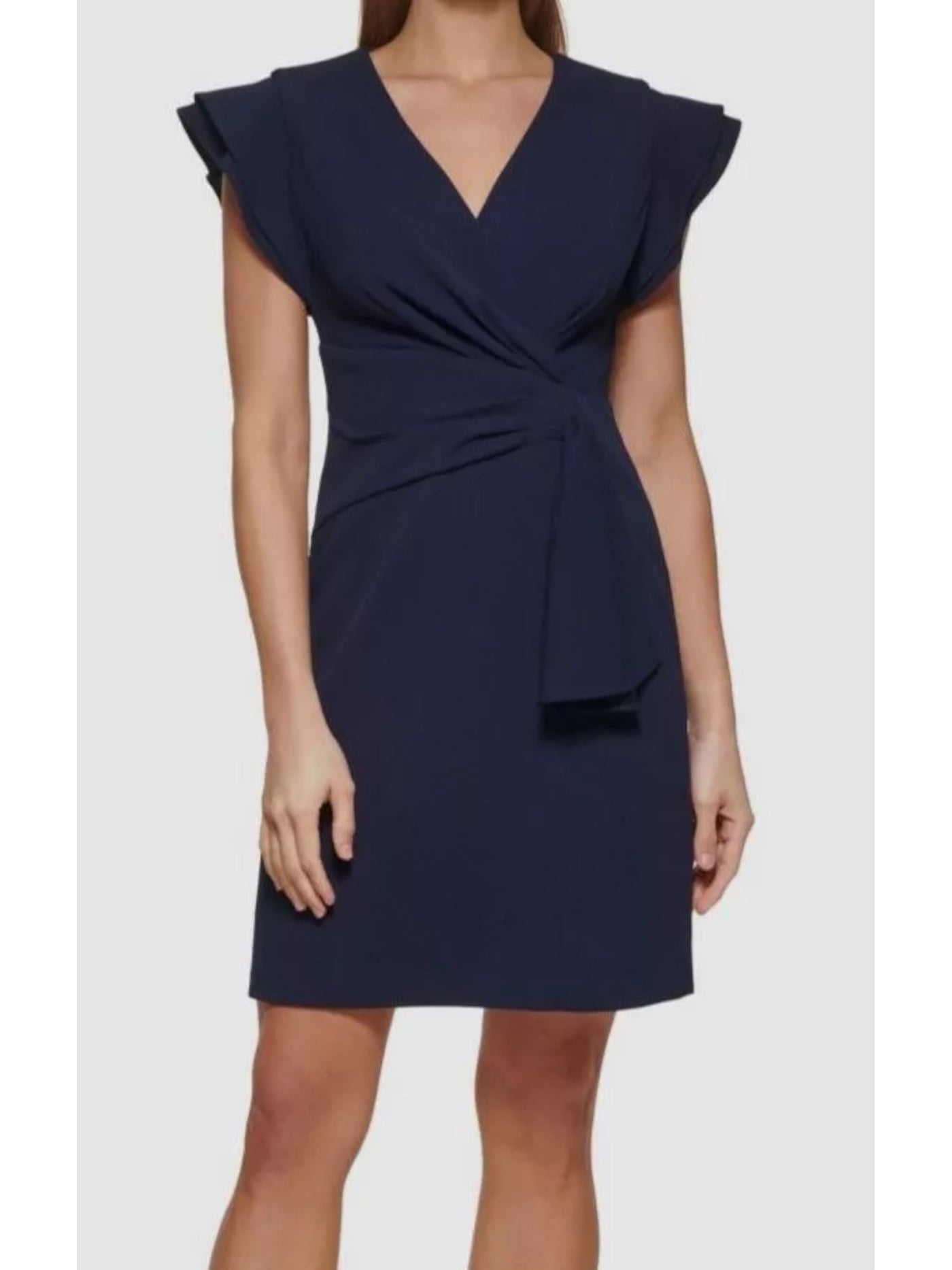 DKNY Womens Navy Pleated Zippered Side-drape Flutter Sleeve Surplice Neckline Short Party Sheath Dress 6