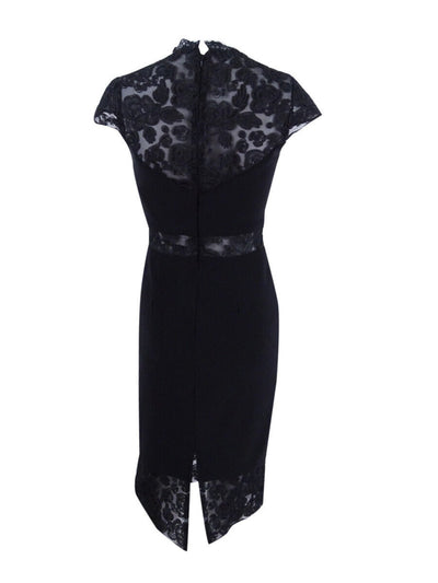 BETSY & ADAM Womens Black Lace Cap Sleeve Jewel Neck Below The Knee Cocktail Sheath Dress 12