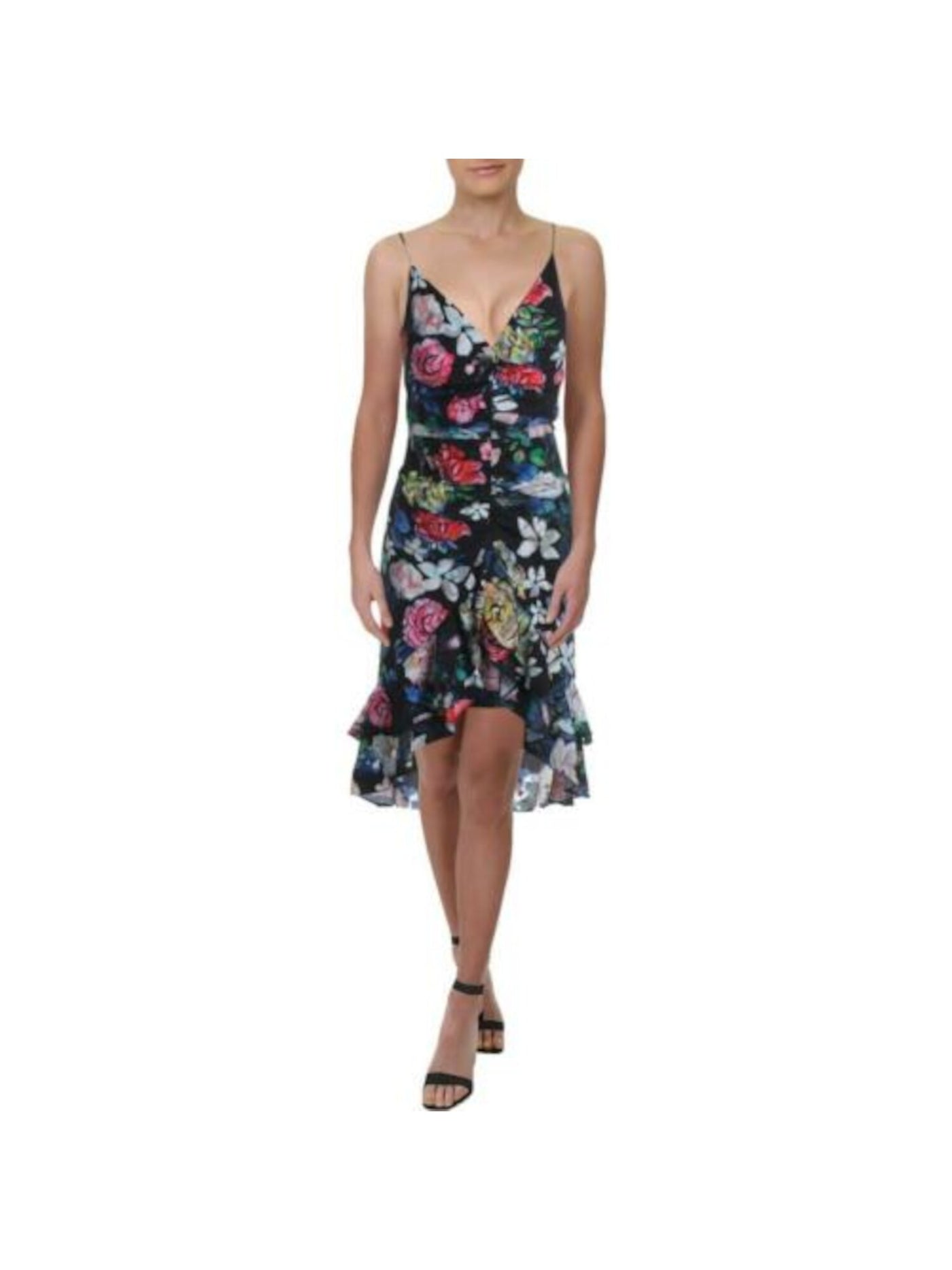 AIDAN AIDAN MATTOX Womens Black Ruched Ruffled Floral Spaghetti Strap V Neck Hi-Lo Dress 6