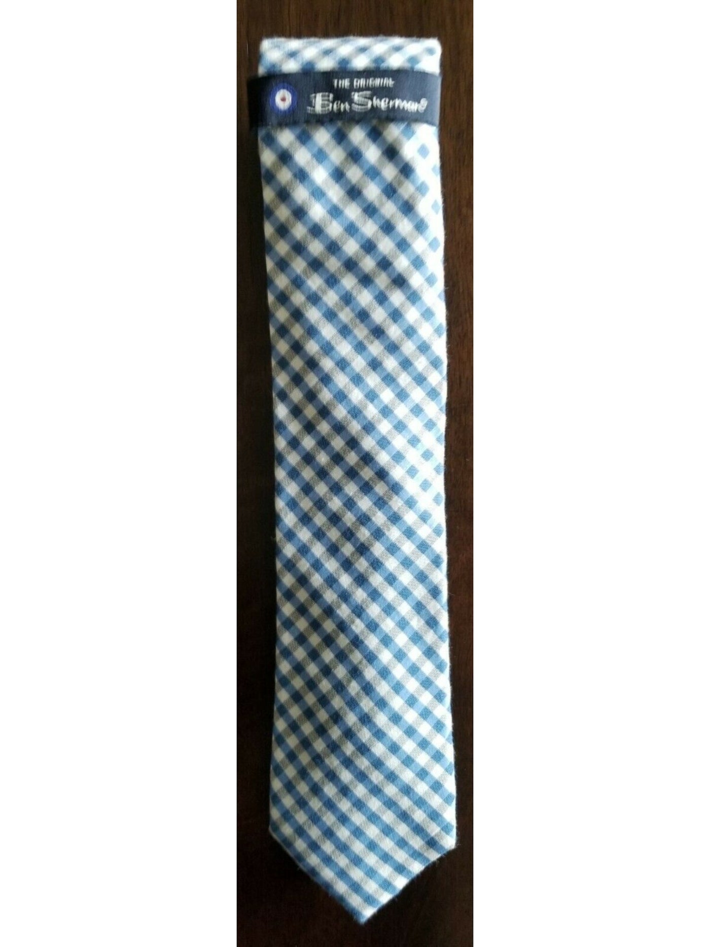 BEN SHERMAN Mens Blue Gingham Cotton Blend Slim Neck Tie