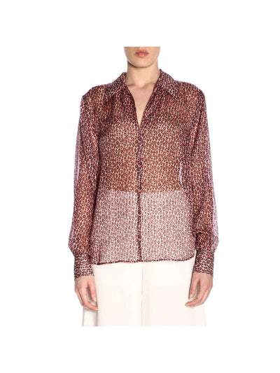 PHILOSOPHY Womens Red Metallic Sheer Unlined Animal Print Cuffed Sleeve Collared Wear To Work Blouse 10