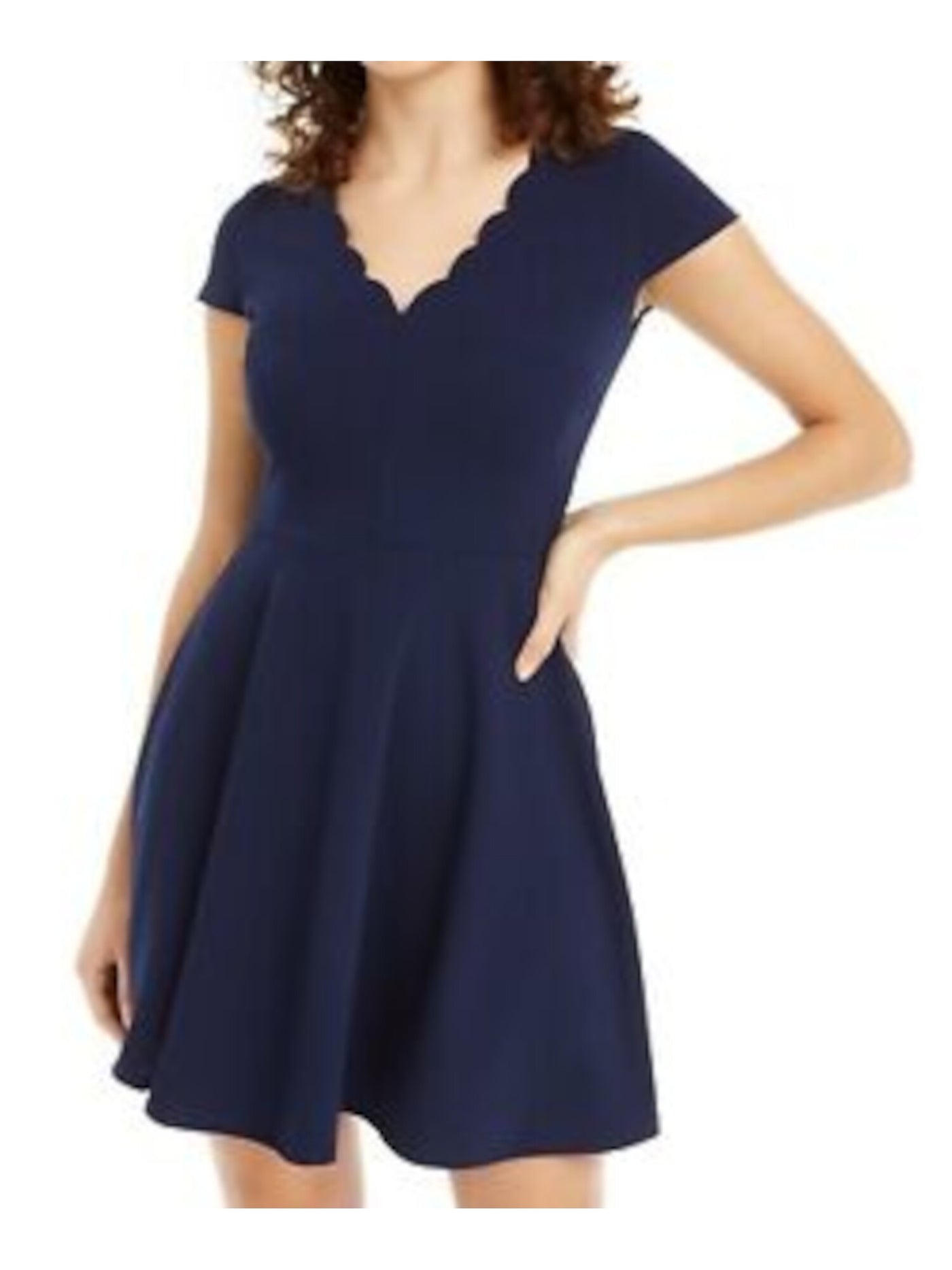 B DARLIN Womens Navy Stretch Scalloped Zippered Cap Sleeve V Neck Short Fit + Flare Dress 11\12