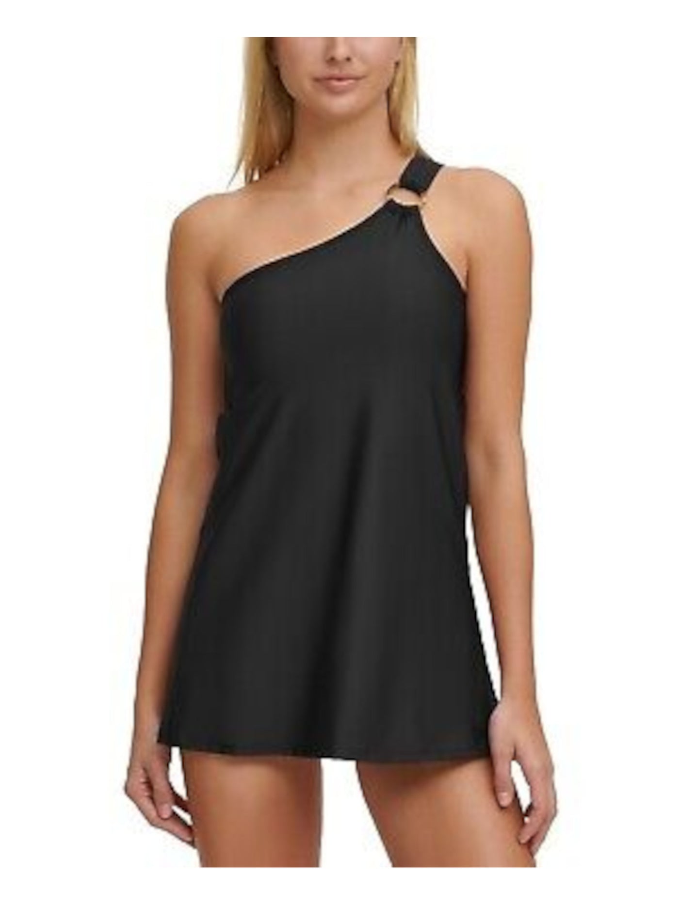 DKNY Women's Black Stretch O-Ring Full Bottom Coverage One Shoulder Swimdress 4