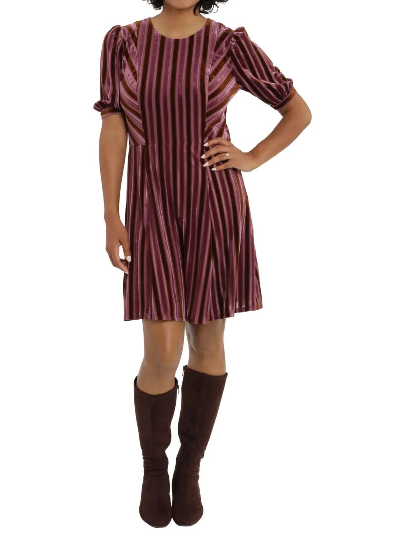 LONDON TIMES Womens Purple Stretch Zippered Lined Striped Pouf Sleeve Jewel Neck Above The Knee Party Fit + Flare Dress 12