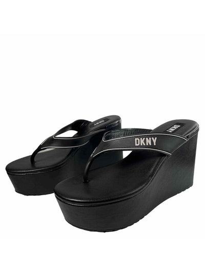 DKNY Womens Black 2" Platform Comfort Logo Trina Round Toe Wedge Slip On Thong Sandals Shoes 6 M