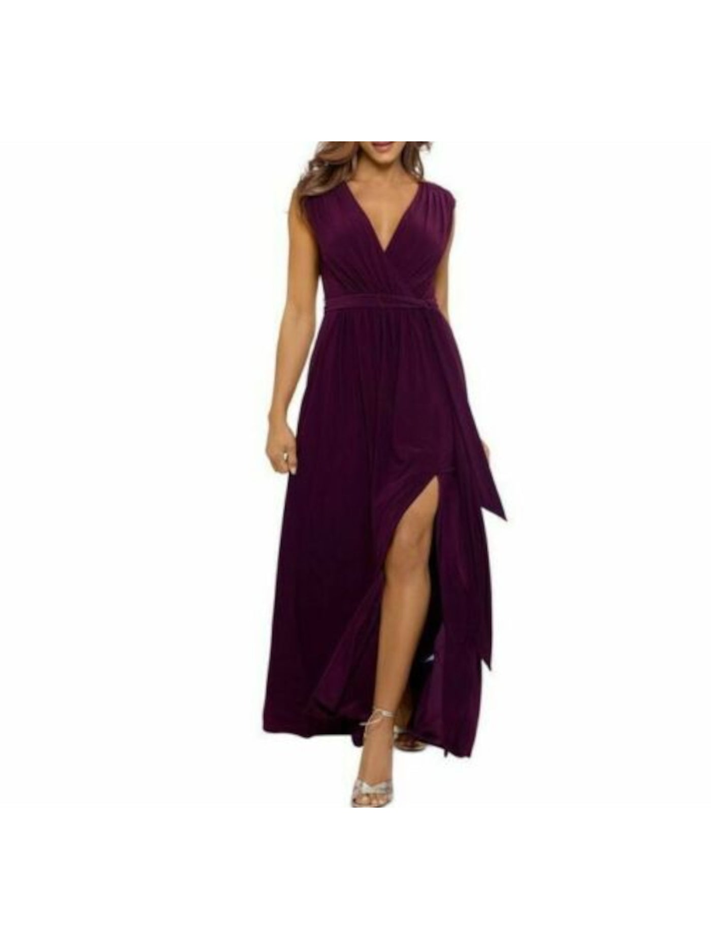 AQUA Womens Purple Stretch Pleated Self-tie Belt High Slit Sleeveless Surplice Neckline Full-Length Formal Gown Dress 4