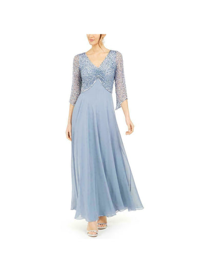 JKARA Womens Light Blue Sequined Embellished 3/4 Sleeve V Neck Maxi Formal Dress 14