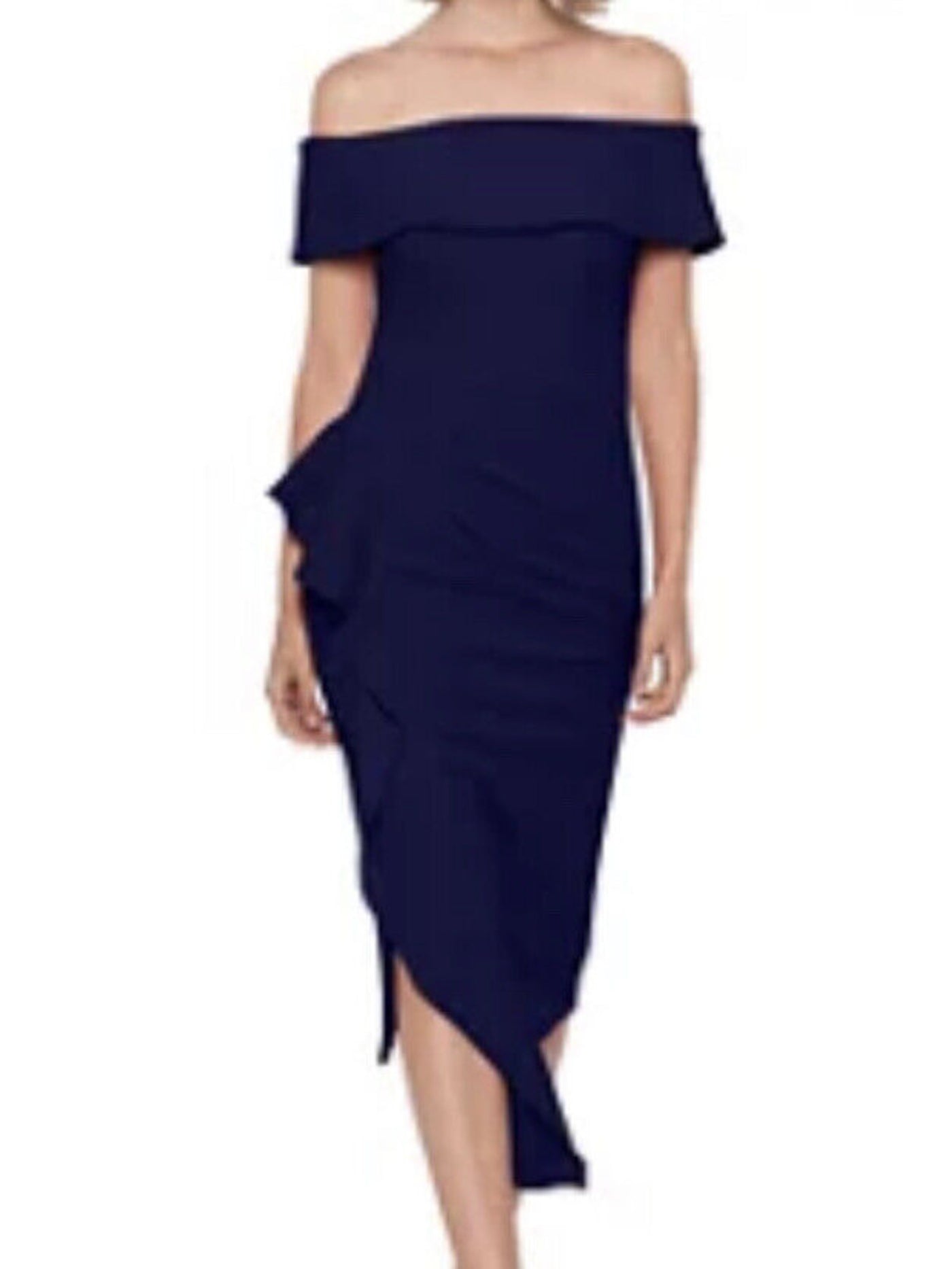BETSY & ADAM Womens Navy Zippered Ruffled Pleated Asymmetrical Hem Padded Short Sleeve Off Shoulder Tea-Length Cocktail Sheath Dress 10