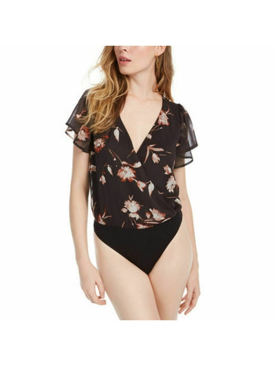 ASH & VIOLET Womens Black Snap Closure Floral V Neck Body Suit Top XL