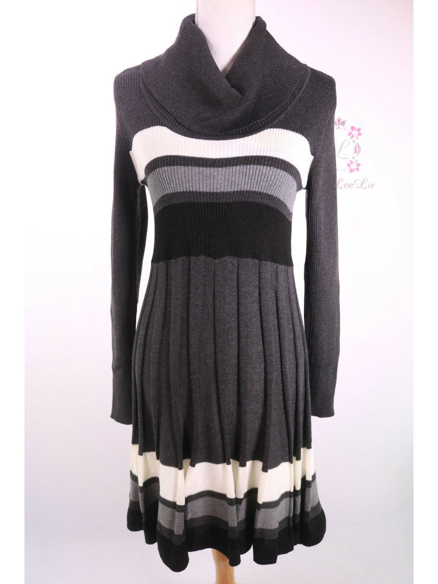 CALVIN KLEIN Womens Gray Ribbed Striped Long Sleeve Turtle Neck Below The Knee Accordion Pleat Dress L