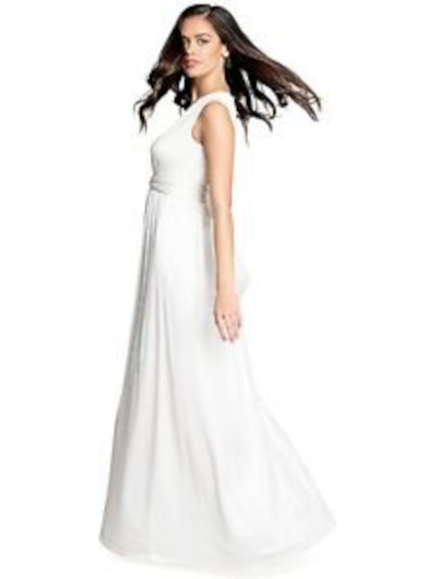 DRESS THE POPULATION Womens White Stretch Ruched Zippered Cinched Waist Belted Slitted Sleeveless V Neck Full-Length Evening Fit + Flare Dress M