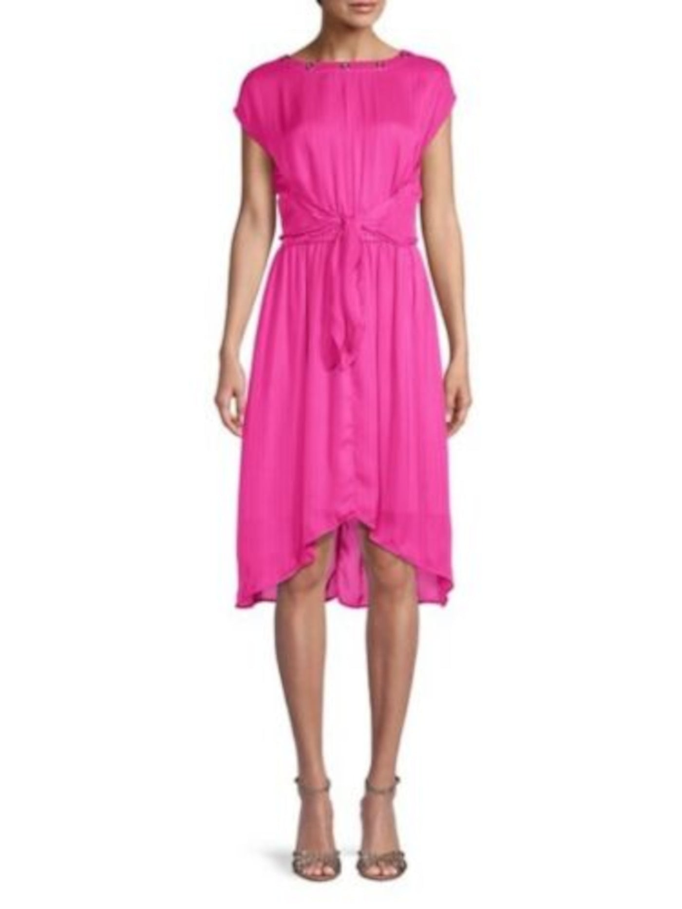 MICHAEL KORS Womens Pink Tie Sheer Keyhole Closure Grommets Hi-lo Cap Sleeve Round Neck Below The Knee Wear To Work Fit + Flare Dress L