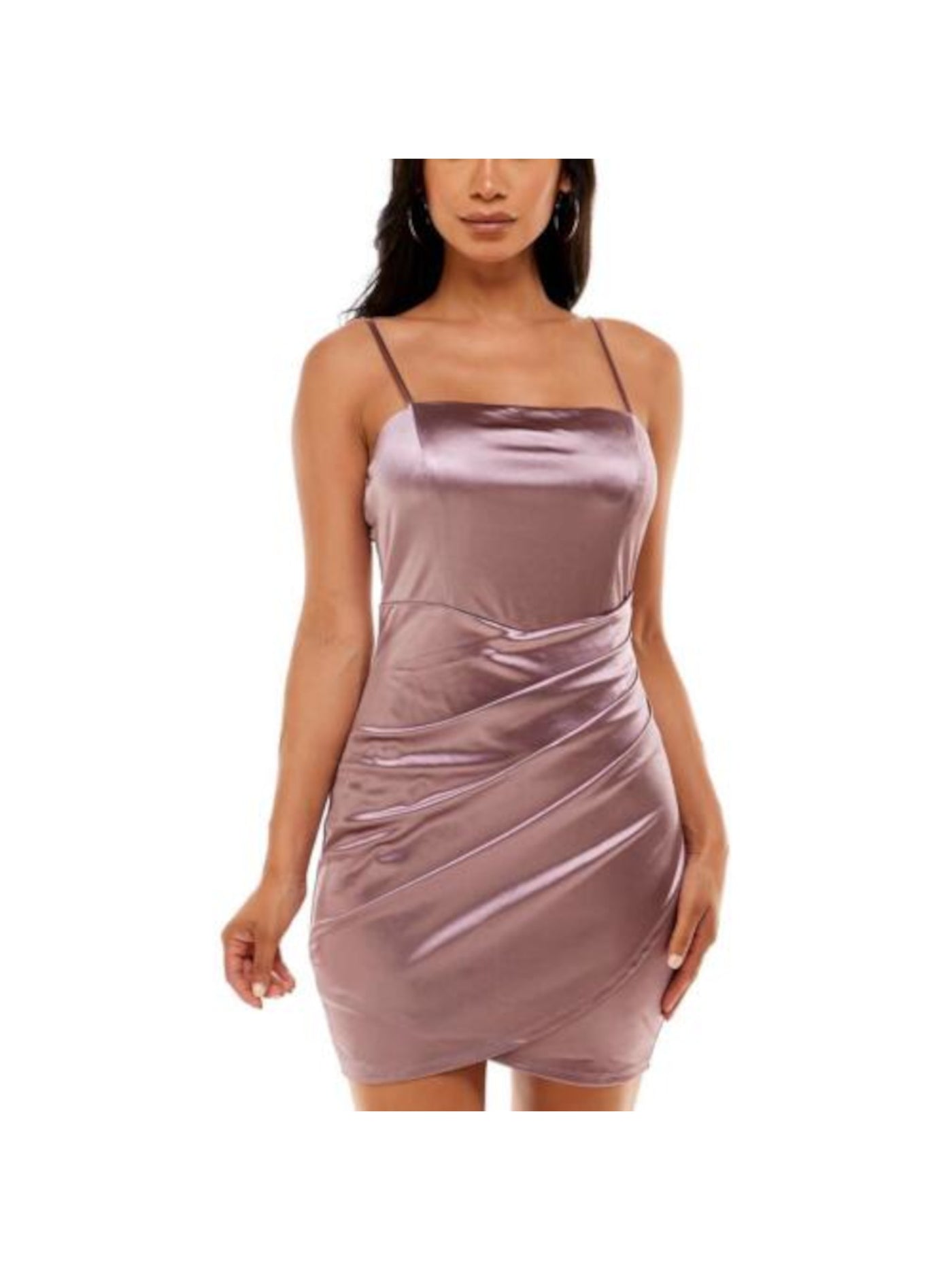 EMERALD SUNDAE Womens Purple Ruched Pull-on Asymmetric Front Hem Spaghetti Strap Square Neck Short Party Body Con Dress XXS