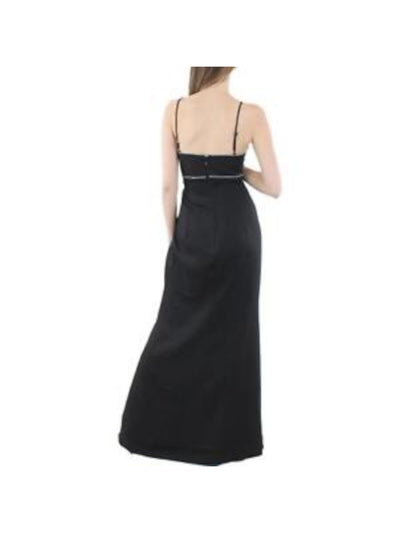 AQUA FORMAL Womens Black Rhinestone Zippered Front Cut Out High Slit Lined Spaghetti Strap V Neck Full-Length Formal Gown Dress 12