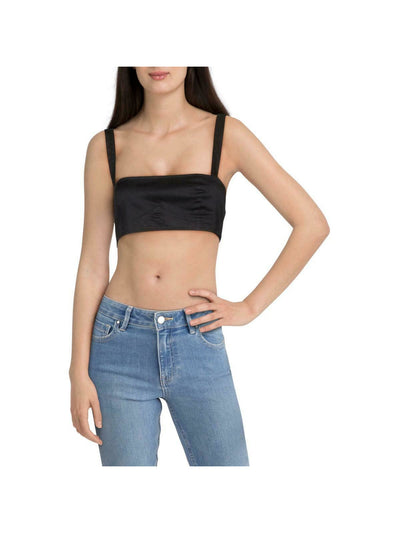 DANIELLE BERNSTEIN Womens Black Poplin Zippered Fitted Poplin Sleeveless Square Neck Crop Top 8