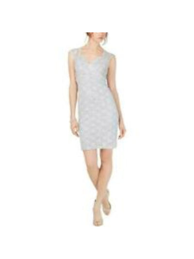 CONNECTED APPAREL Womens Silver Lace Cut Out Cap Sleeve Cowl Neck Above The Knee Body Con Dress 14