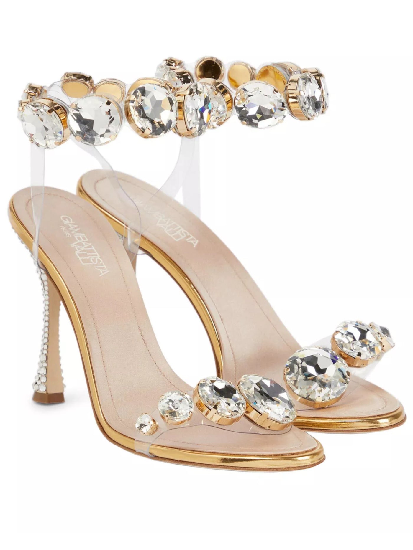 GIAMBATTISTA VALLI Womens Gold Transparent Strappy Rhinestone Gem Accent Almond Toe Stiletto Slip On Dress Heeled Sandal 37.5