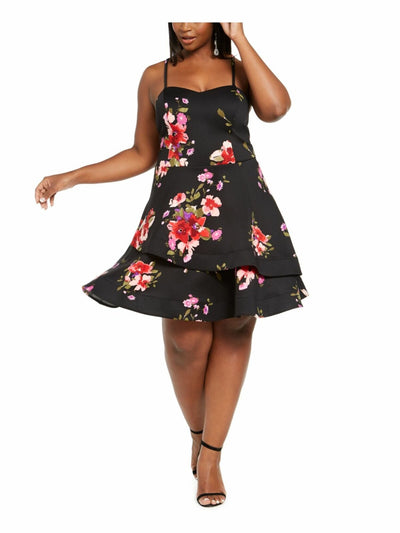 SEQUIN HEARTS Womens Black Ruffled Floral Spaghetti Strap Square Neck Knee Length Party Fit + Flare Dress 24