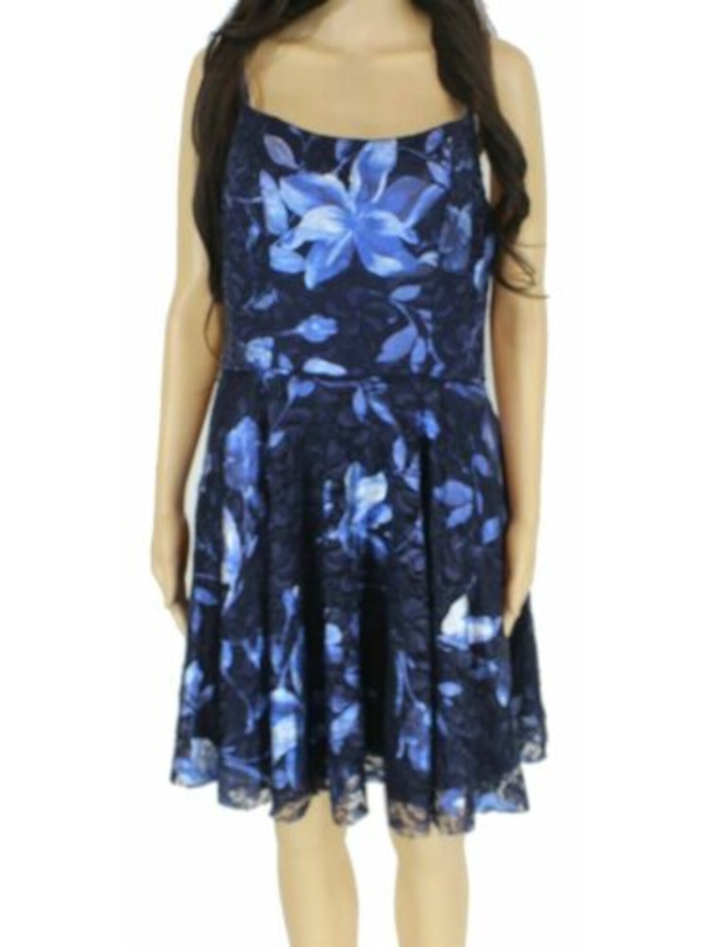 BLONDIE NITES Womens Navy Zippered Floral Spaghetti Strap Scoop Neck Short Party Fit + Flare Dress 1