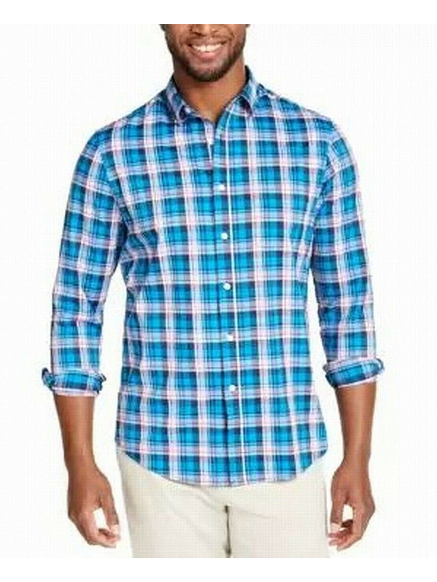 CLUBROOM Mens Blue Plaid Button Down Casual Shirt S