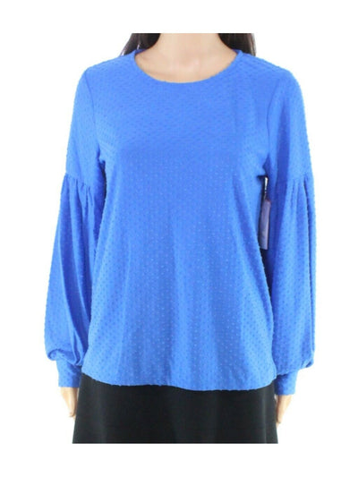 RILEY&RAE Womens Blue Textured Keyhole-back Long Sleeve Crew Neck Top XXS