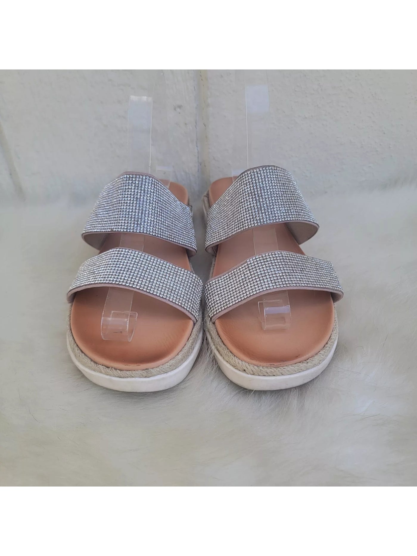 MADDEN GIRL Womens Brown Mixed Media Goring Double Strap Espadrille Rhinestone Padded Mightyr Round Toe Platform Slip On Dress Slide Sandals Shoes 9