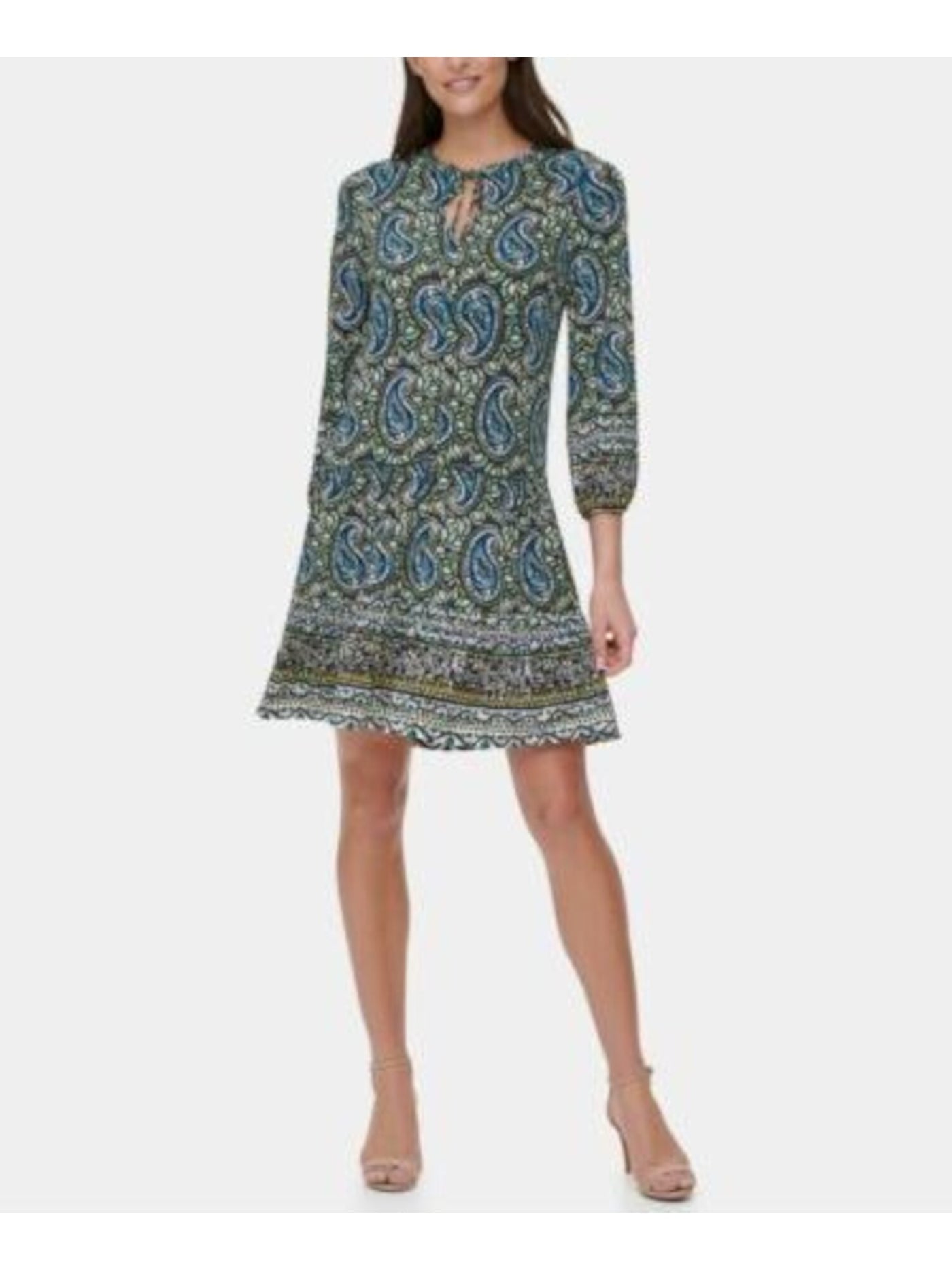 TOMMY HILFIGER Womens Green Stretch Paisley 3/4 Sleeve Keyhole Short Wear To Work Fit + Flare Dress Plus 22W