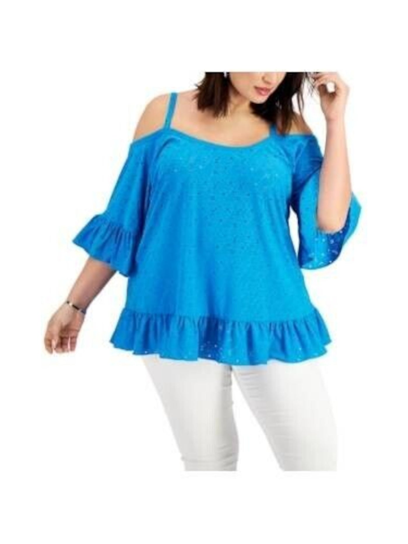 MICHAEL KORS Womens Blue Cold Shoulder Ruffled Elbow Sleeve Scoop Neck Top Plus 3X