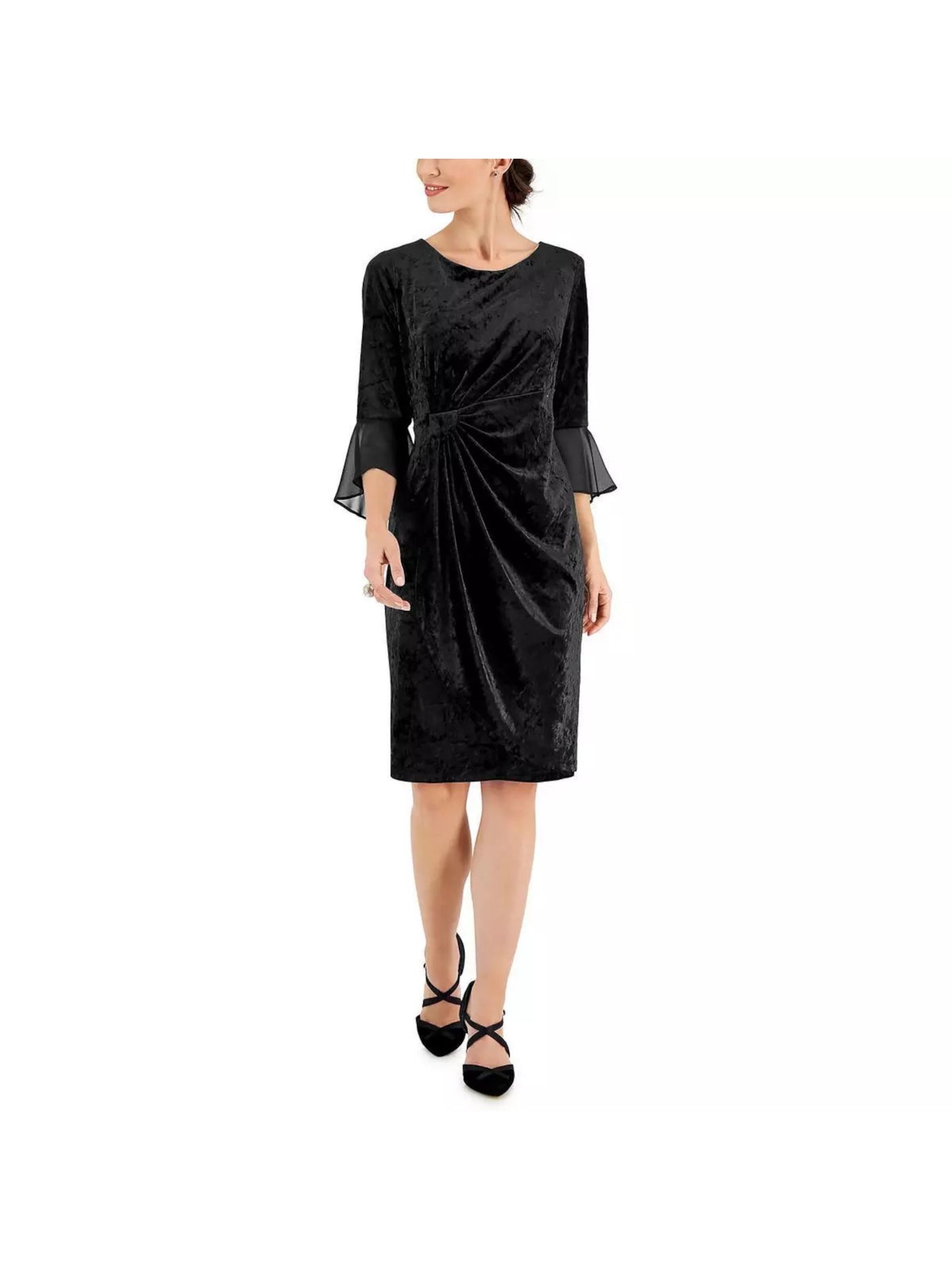 CONNECTED APPAREL Womens Black Pleated Draped Skirt Flounce Cuffs 3/4 Sleeve Jewel Neck Knee Length Party Sheath Dress 8