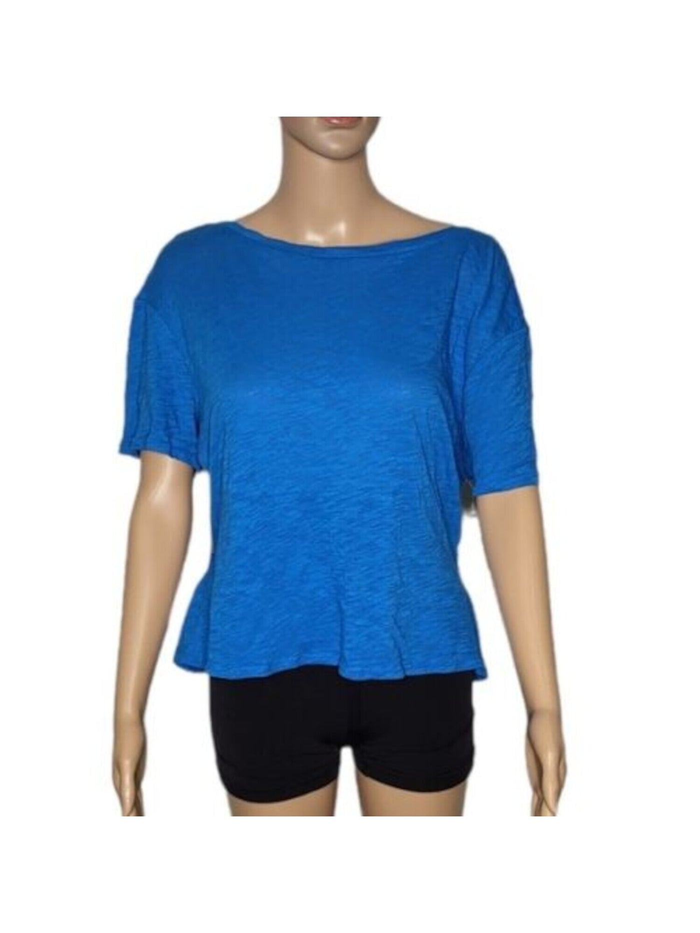 INC Womens Blue Ruffled V-back With Tie Short Sleeve Crew Neck Peplum Top L