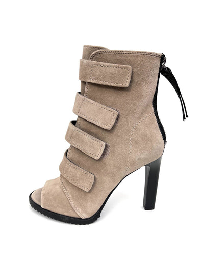 DKNY Womens Beige Hook & Loop Logo Tassle Padded Strappy Blake Peep Toe Stiletto Zip-Up Suede Heeled Boots 6 M