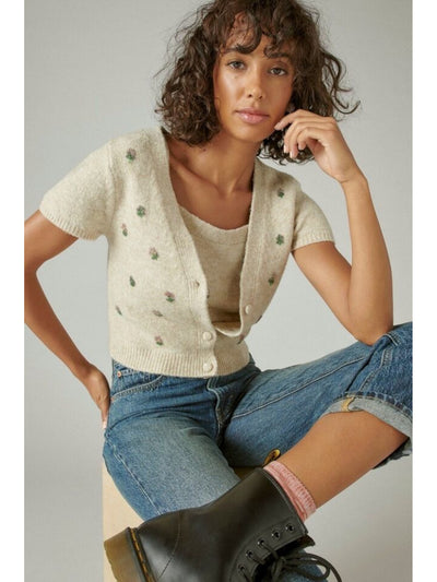 LUCKY BRAND Womens Beige Beaded Short Length Ribbed Trim Floral Short Sleeve V Neck Button Up Cardigan S