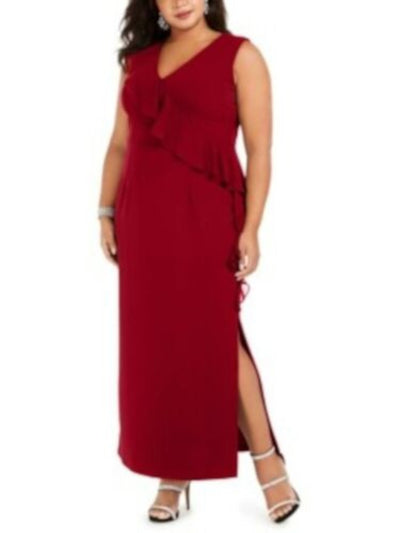 CONNECTED APPAREL Womens Stretch Slitted Short Sleeve V Neck Full-Length Evening Sheath Dress