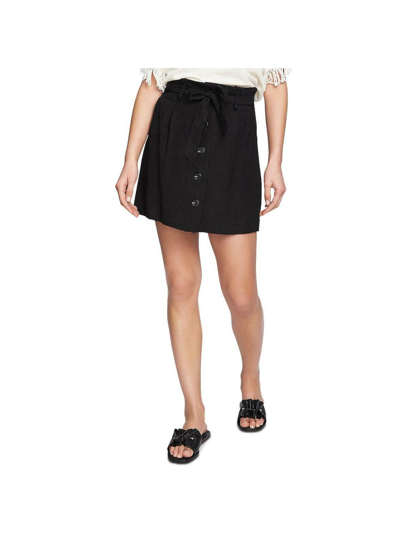 1. STATE Womens Black Button-up Tie-front Belt Mini A-Line Skirt Size: 2