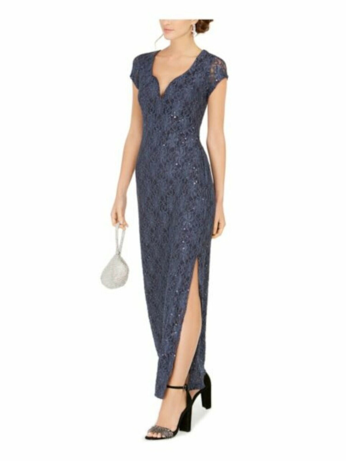 CONNECTED APPAREL Womens Navy Sequined Lace Short Sleeve V Neck Maxi Cocktail Sheath Dress 8