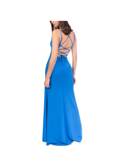 B DARLIN Womens Blue Zippered Lined Lace-up Open Back Thigh-hi Slit Spaghetti Strap V Neck Full-Length Gown Prom Dress 3\4